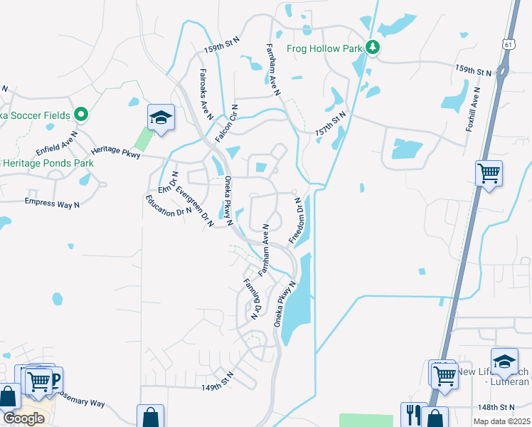 map of restaurants, bars, coffee shops, grocery stores, and more near 15394 Farnham Avenue North in Hugo