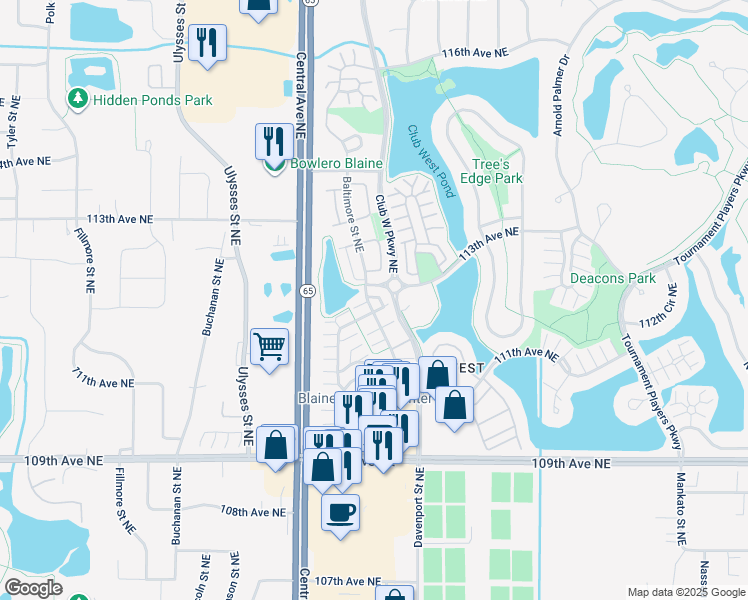 map of restaurants, bars, coffee shops, grocery stores, and more near 11286 Baltimore Street Northeast in Blaine