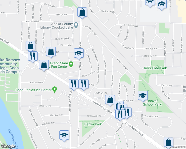 map of restaurants, bars, coffee shops, grocery stores, and more near 2708 112th Avenue Northwest in Coon Rapids