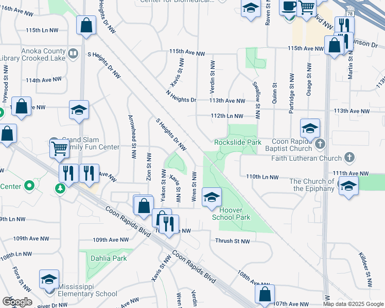 map of restaurants, bars, coffee shops, grocery stores, and more near 2401 South Heights Drive Northwest in Coon Rapids
