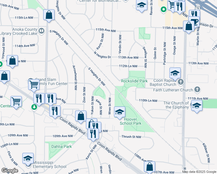 map of restaurants, bars, coffee shops, grocery stores, and more near 2401 South Heights Drive Northwest in Coon Rapids