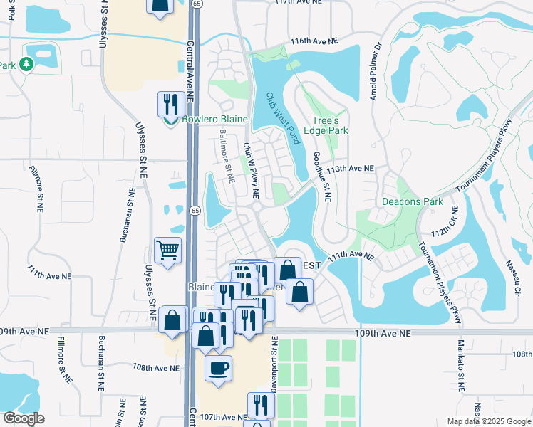 map of restaurants, bars, coffee shops, grocery stores, and more near 11211 Club West Parkway Northeast in Blaine