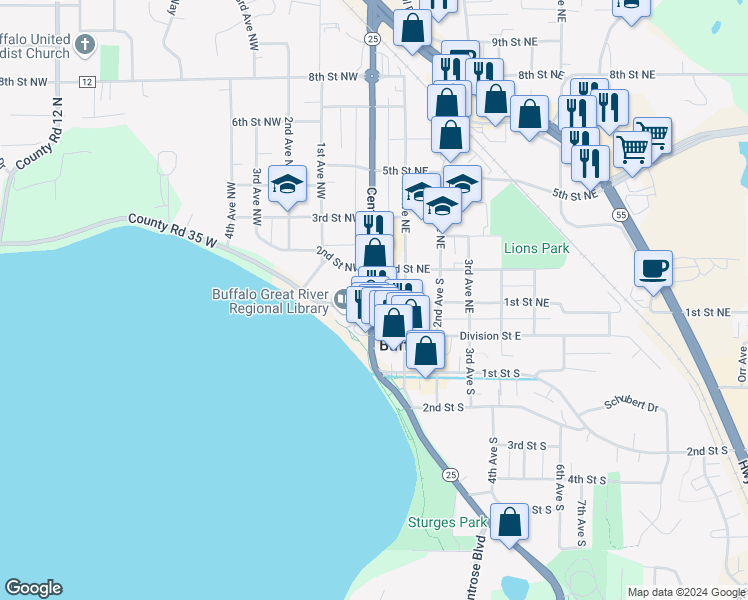 map of restaurants, bars, coffee shops, grocery stores, and more near 11 1st Street Northeast in Buffalo