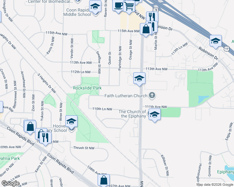 map of restaurants, bars, coffee shops, grocery stores, and more near 2120 111th Lane Northwest in Coon Rapids