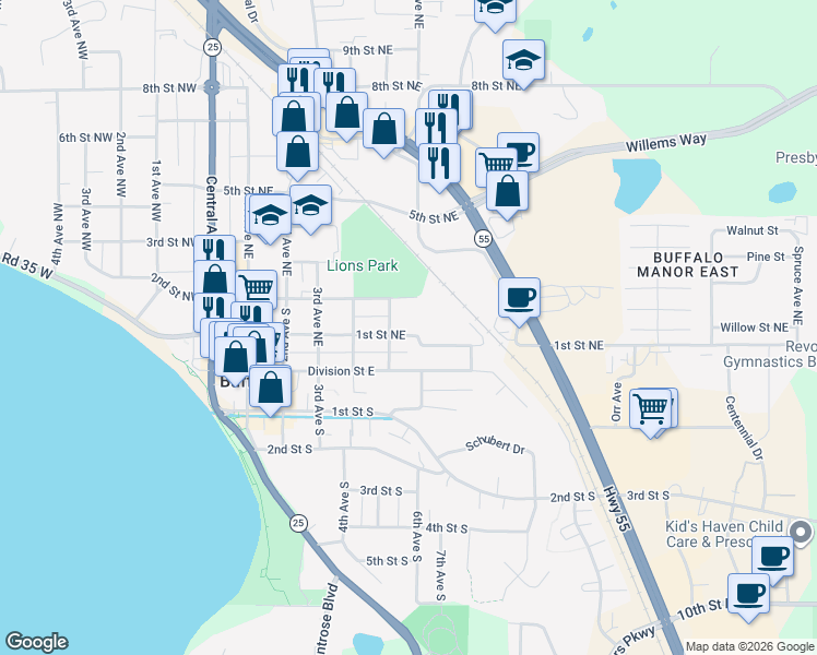 map of restaurants, bars, coffee shops, grocery stores, and more near 504 2nd Street Northeast in Buffalo