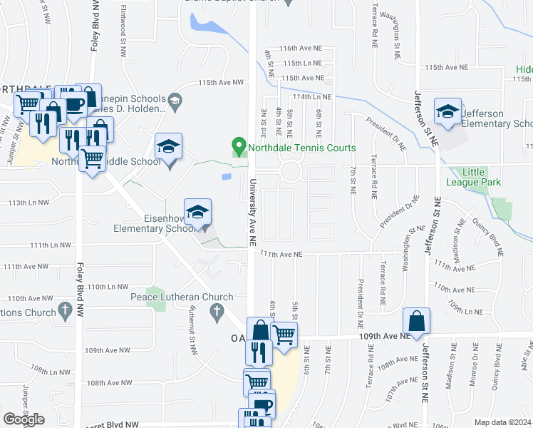 map of restaurants, bars, coffee shops, grocery stores, and more near 11205 3rd Street Northeast in Blaine