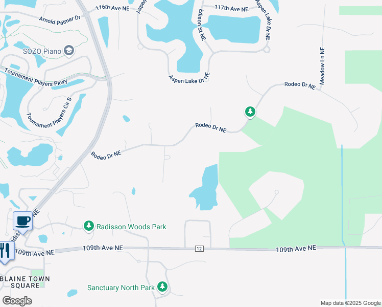 map of restaurants, bars, coffee shops, grocery stores, and more near 2876 Rodeo Drive Northeast in Minneapolis