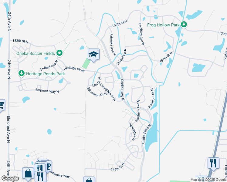 map of restaurants, bars, coffee shops, grocery stores, and more near 4935 Education Drive North in Hugo