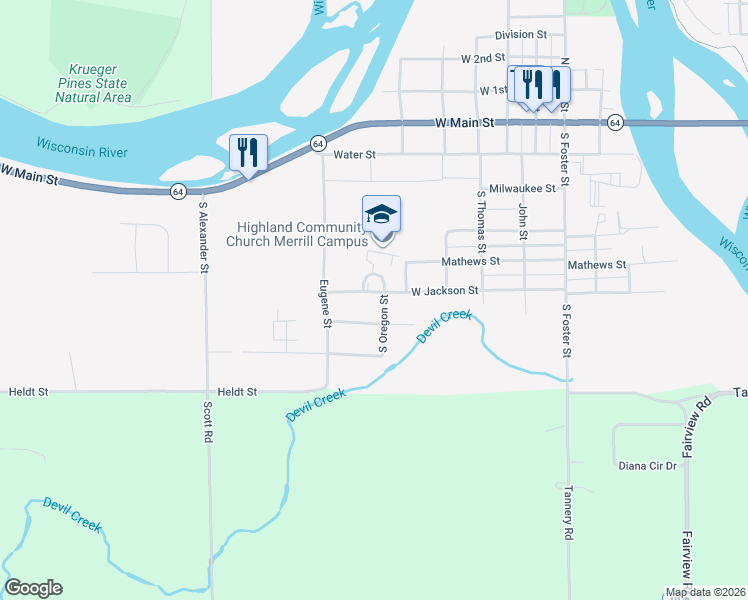 map of restaurants, bars, coffee shops, grocery stores, and more near 1914 West Jackson Street in Merrill