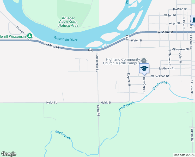 map of restaurants, bars, coffee shops, grocery stores, and more near 500 South Alexander Street in Merrill