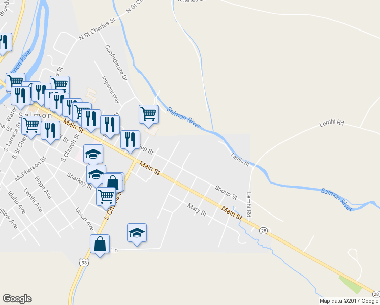 map of restaurants, bars, coffee shops, grocery stores, and more near 298 North Warpath Street in Salmon