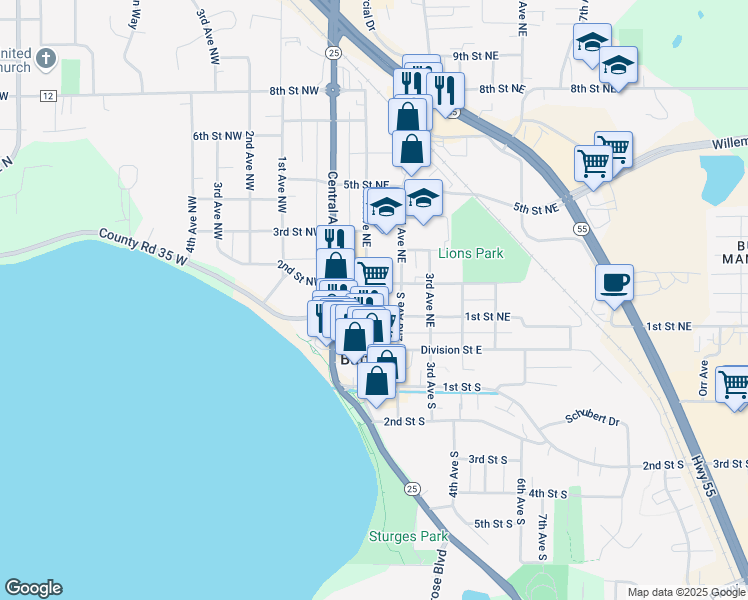 map of restaurants, bars, coffee shops, grocery stores, and more near 97 2nd Street Northeast in Buffalo
