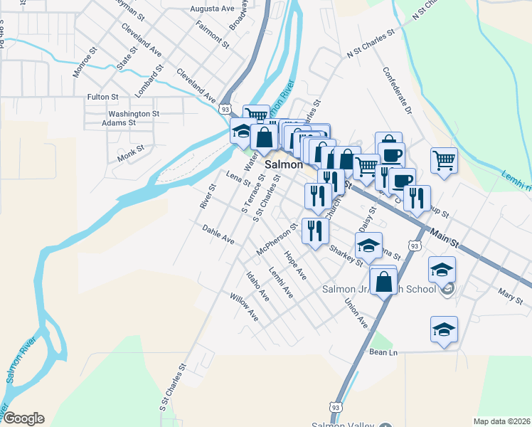 map of restaurants, bars, coffee shops, grocery stores, and more near 501-599 Union Avenue in Salmon