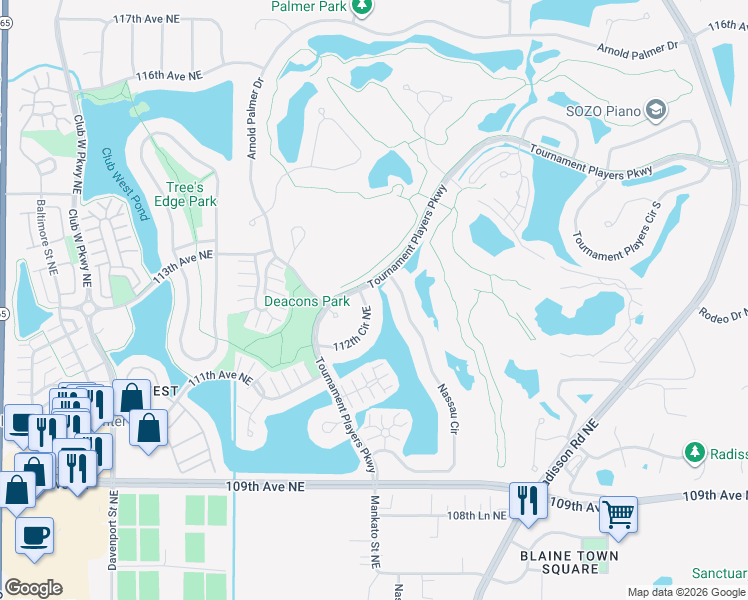 map of restaurants, bars, coffee shops, grocery stores, and more near 2010 112th Circle Northeast in Blaine