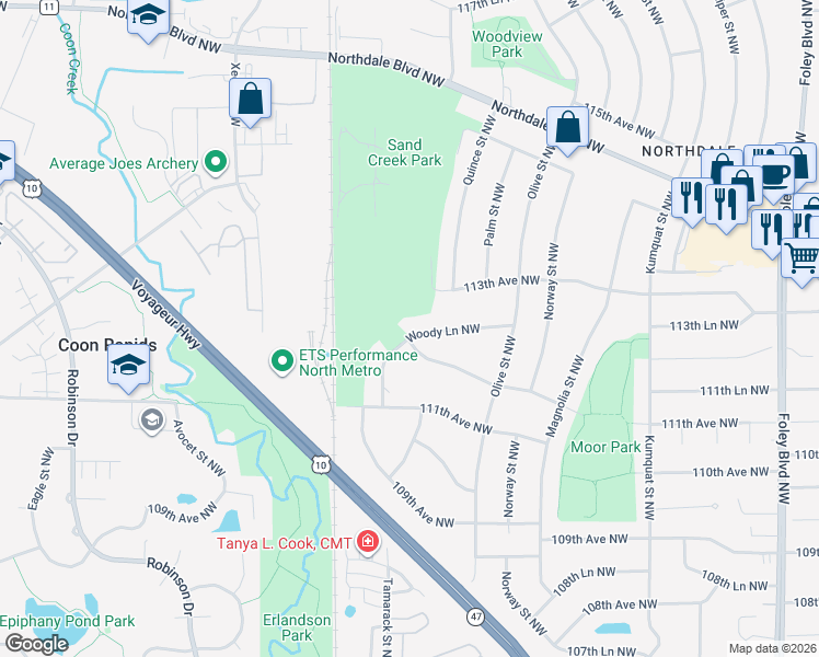 map of restaurants, bars, coffee shops, grocery stores, and more near 941 Woody Lane Northwest in Coon Rapids
