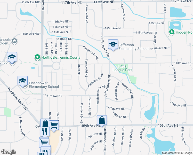 map of restaurants, bars, coffee shops, grocery stores, and more near 11201 Washington Street Northeast in Blaine