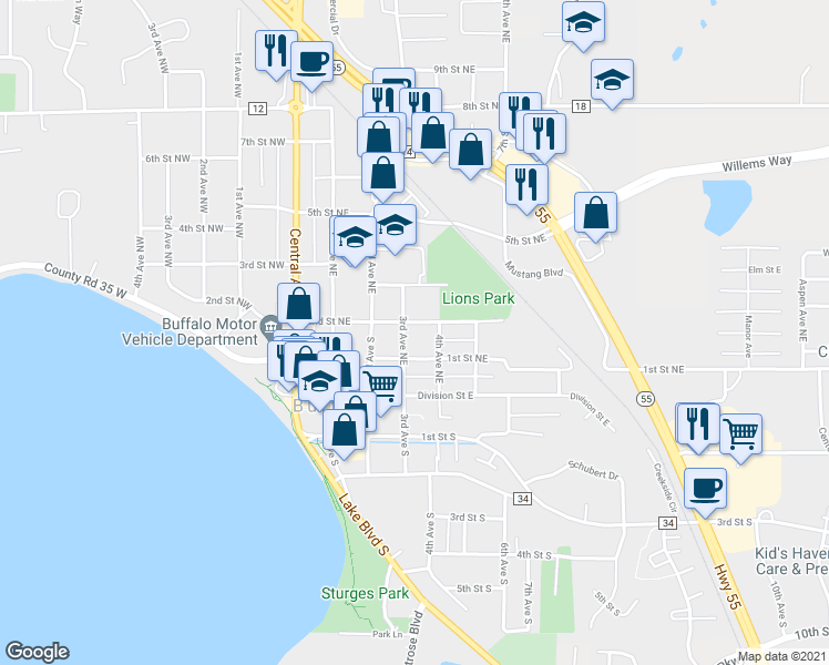 map of restaurants, bars, coffee shops, grocery stores, and more near 302 2nd Street Northeast in Buffalo