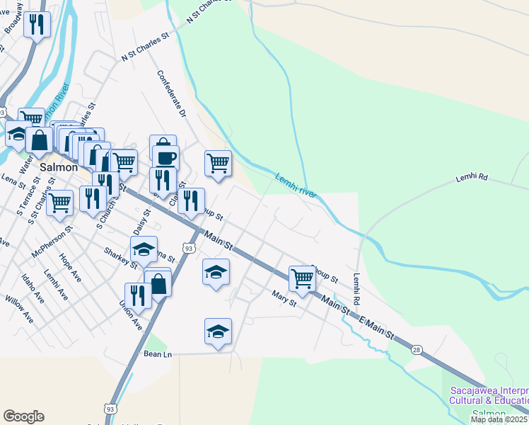 map of restaurants, bars, coffee shops, grocery stores, and more near 298 North Warpath Street in Salmon