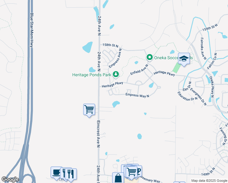 map of restaurants, bars, coffee shops, grocery stores, and more near 4385 Empress Drive North in Hugo