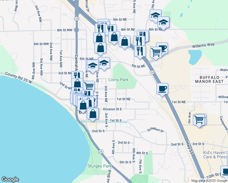 map of restaurants, bars, coffee shops, grocery stores, and more near 302 2nd Street Northeast in Buffalo
