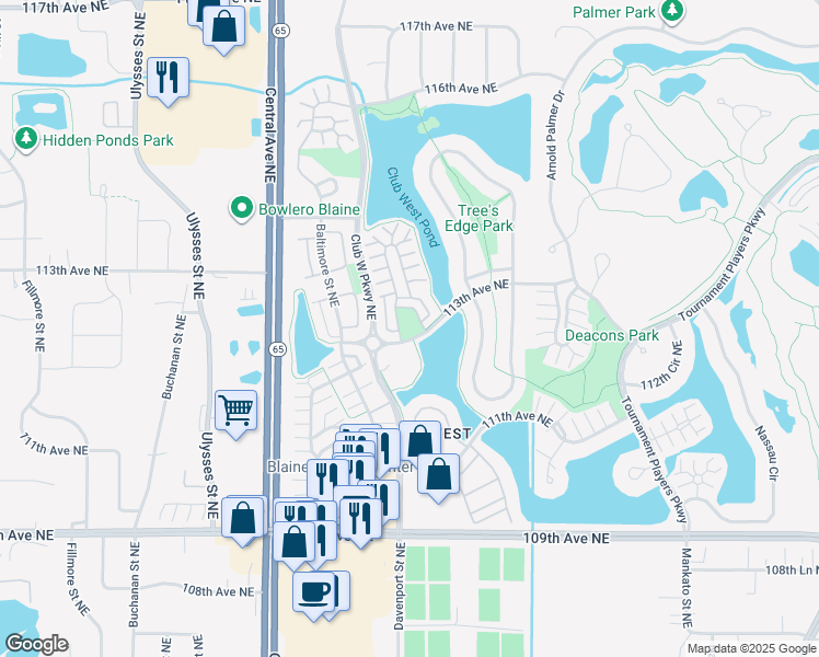 map of restaurants, bars, coffee shops, grocery stores, and more near 1623 113th Avenue Northeast in Blaine