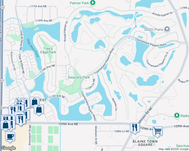 map of restaurants, bars, coffee shops, grocery stores, and more near 2010 112th Circle Northeast in Blaine