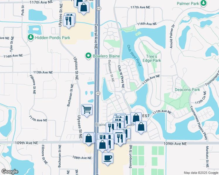 map of restaurants, bars, coffee shops, grocery stores, and more near 11304 Aberdeen Circle Northeast in Blaine