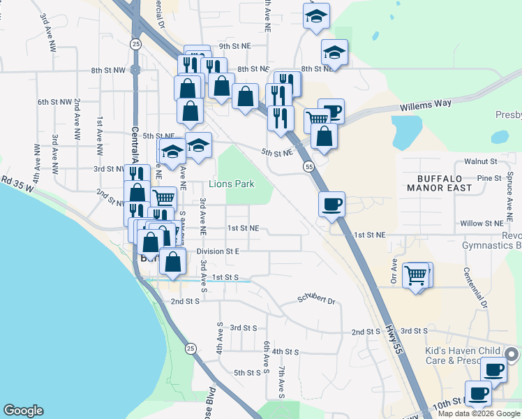 map of restaurants, bars, coffee shops, grocery stores, and more near 504 2nd Street Northeast in Buffalo
