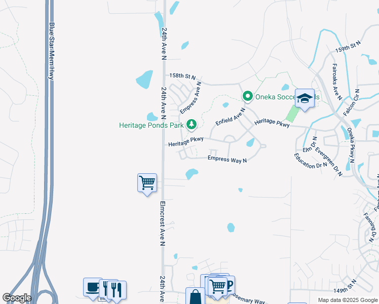 map of restaurants, bars, coffee shops, grocery stores, and more near 4385 Empress Drive North in Hugo