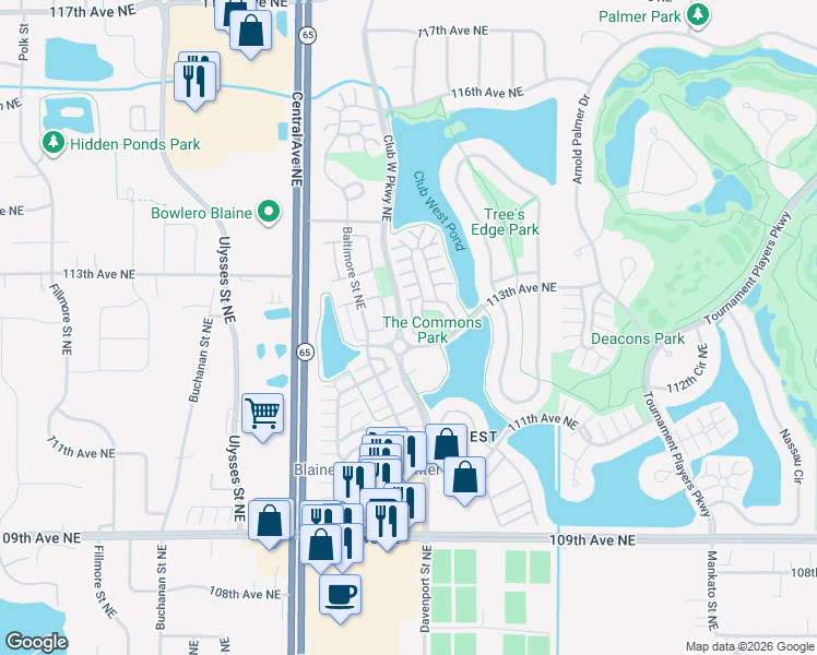 map of restaurants, bars, coffee shops, grocery stores, and more near 11314 Davenport Circle in Blaine