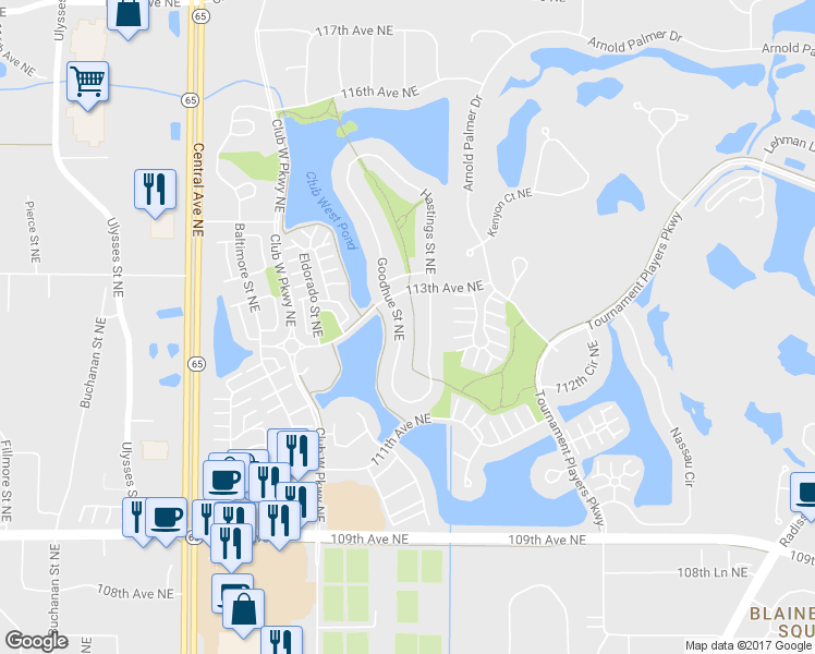 map of restaurants, bars, coffee shops, grocery stores, and more near 11249 Goodhue Street Northeast in Blaine
