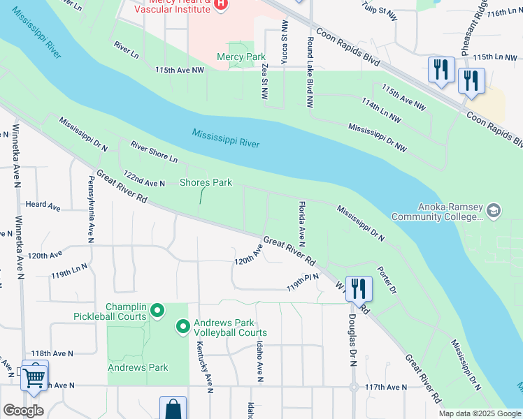 map of restaurants, bars, coffee shops, grocery stores, and more near 12113 Hampshire Avenue in Champlin