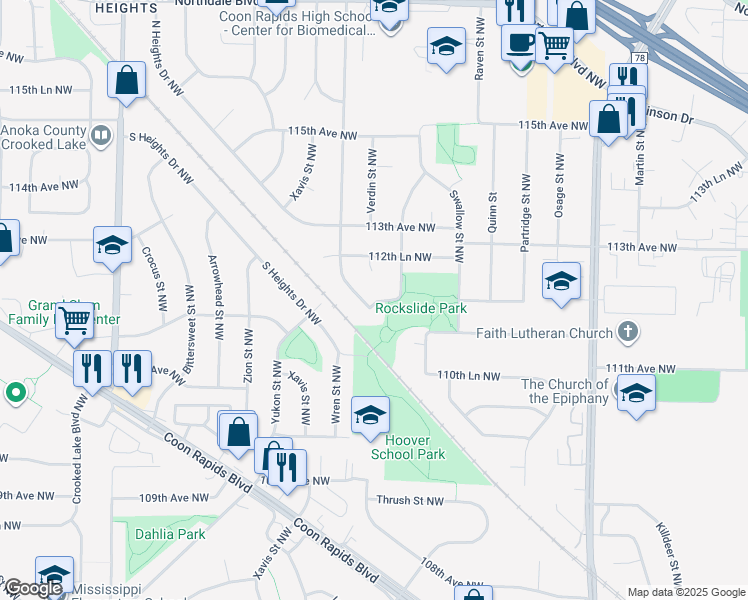 map of restaurants, bars, coffee shops, grocery stores, and more near 11200 Uplander Street Northwest in Coon Rapids