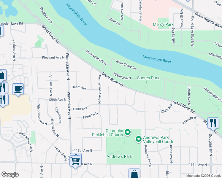 map of restaurants, bars, coffee shops, grocery stores, and more near 12048 Oregon Circle North in Champlin