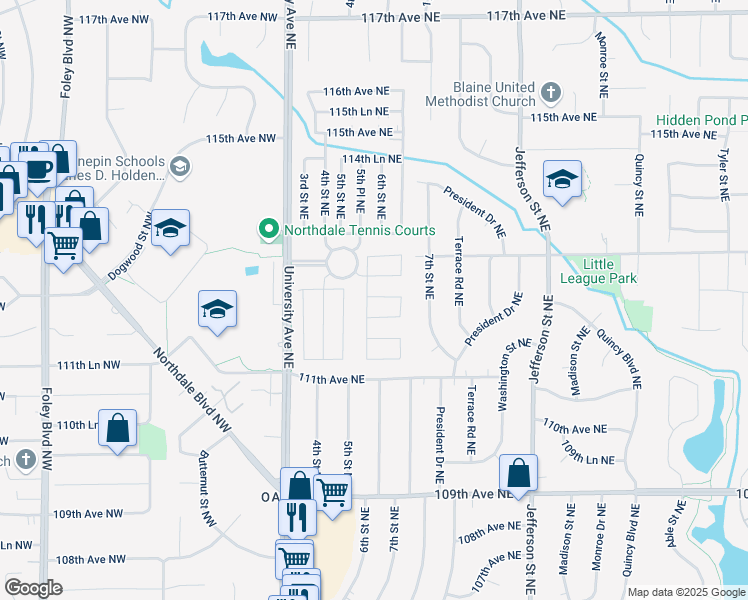 map of restaurants, bars, coffee shops, grocery stores, and more near 108 112th Square Northeast in Minneapolis