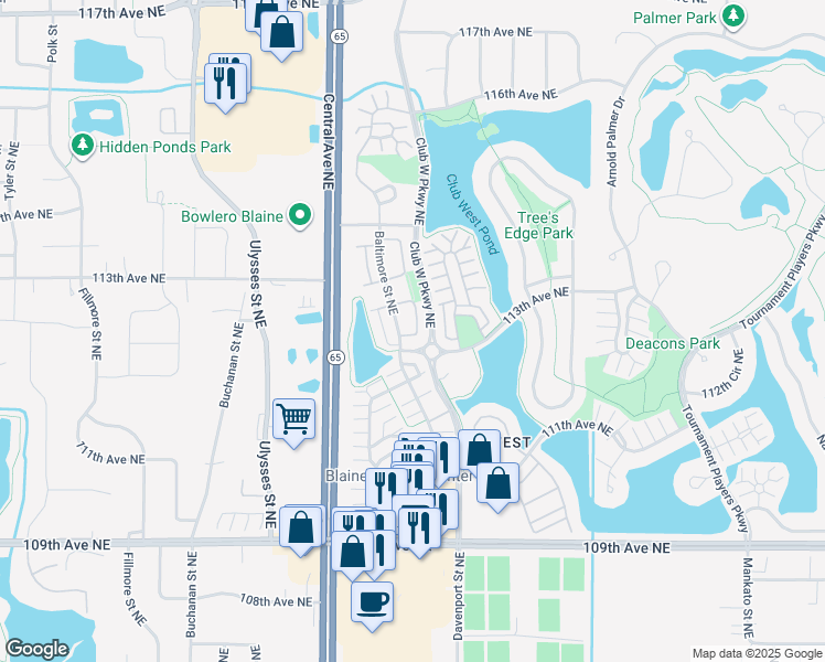 map of restaurants, bars, coffee shops, grocery stores, and more near 11310 Baltimore Street Northeast in Blaine
