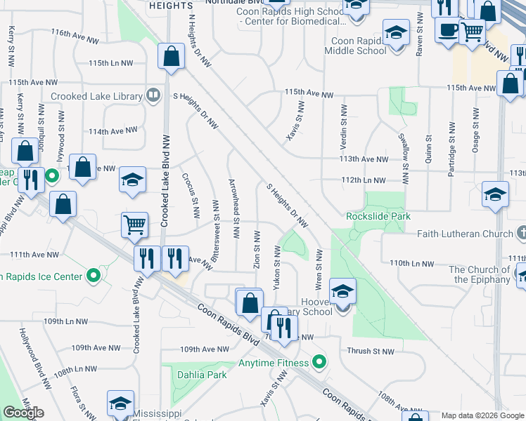 map of restaurants, bars, coffee shops, grocery stores, and more near 2547 112th Avenue Northwest in Coon Rapids