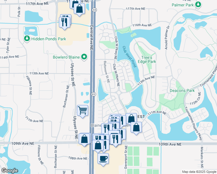 map of restaurants, bars, coffee shops, grocery stores, and more near 11310 Baltimore Street Northeast in Blaine