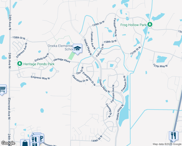 map of restaurants, bars, coffee shops, grocery stores, and more near 4951 Emmit Drive North in Hugo