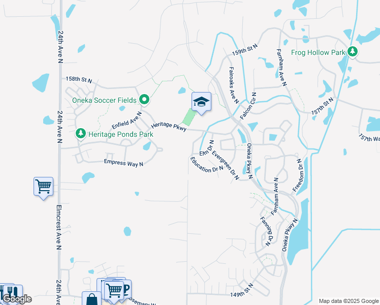 map of restaurants, bars, coffee shops, grocery stores, and more near 4815 Education Drive North in Hugo