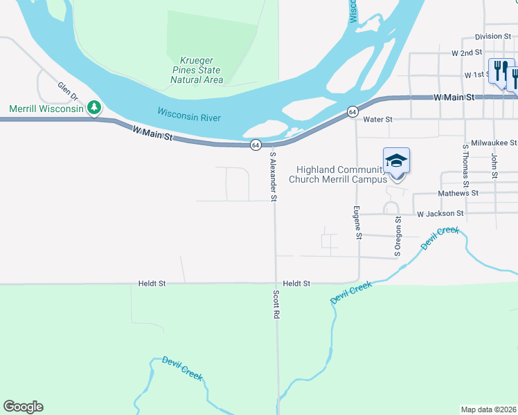 map of restaurants, bars, coffee shops, grocery stores, and more near 2205 West Jackson Street in Merrill