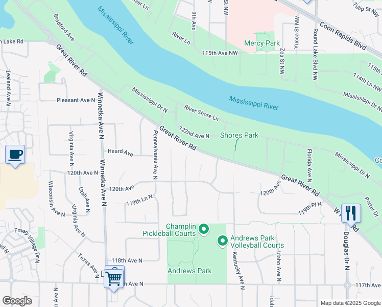 map of restaurants, bars, coffee shops, grocery stores, and more near 12048 Nevada Court in Champlin