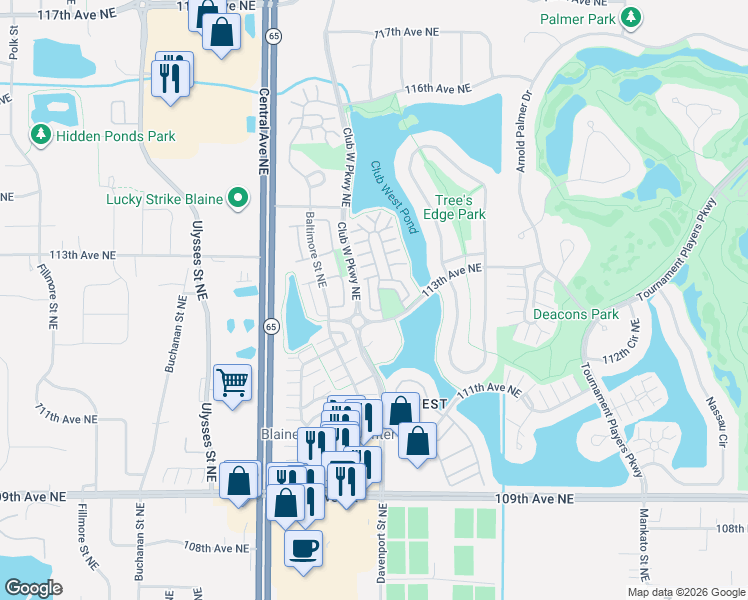map of restaurants, bars, coffee shops, grocery stores, and more near 11323 Davenport Circle in Blaine