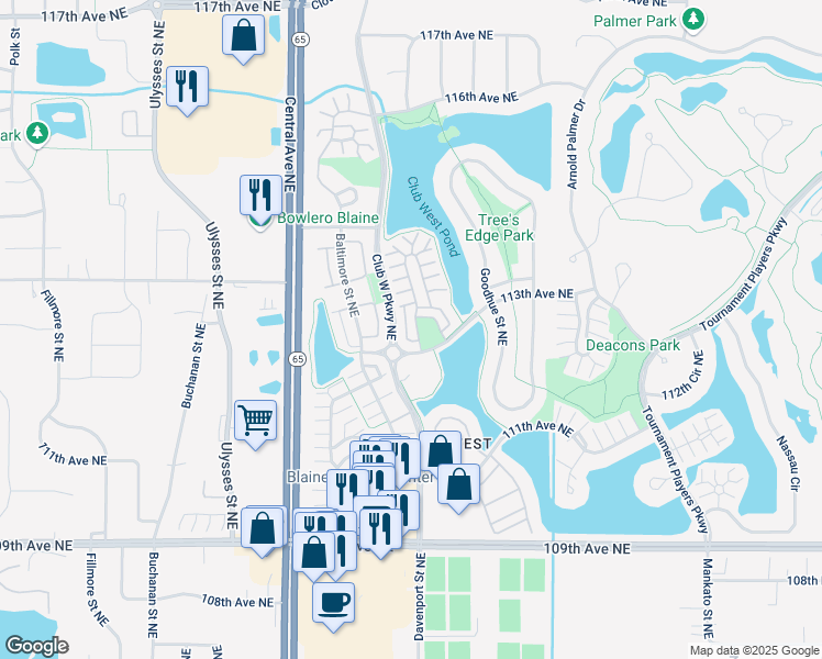 map of restaurants, bars, coffee shops, grocery stores, and more near 11323 Davenport Circle in Blaine