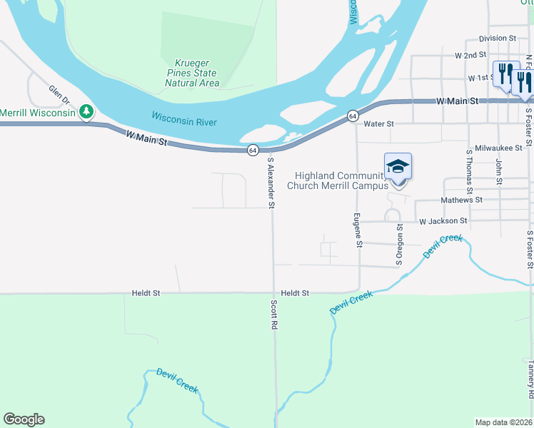 map of restaurants, bars, coffee shops, grocery stores, and more near 500 South Alexander Street in Merrill
