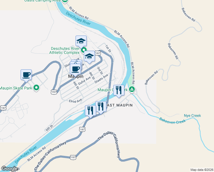 map of restaurants, bars, coffee shops, grocery stores, and more near 99 3rd Street in Maupin