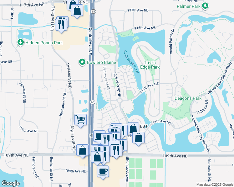 map of restaurants, bars, coffee shops, grocery stores, and more near 11314 Davenport Circle in Blaine