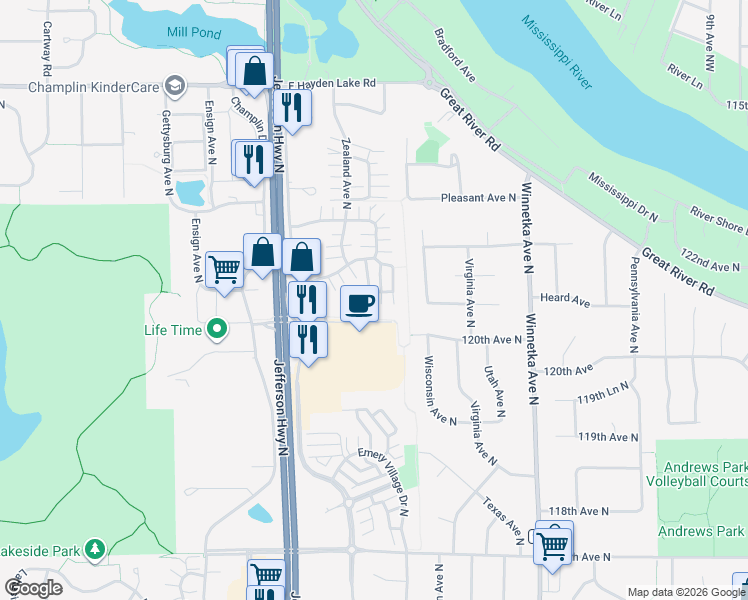 map of restaurants, bars, coffee shops, grocery stores, and more near 8439 Yukon Circle North in Champlin