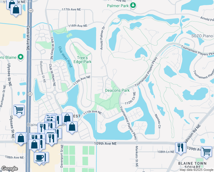 map of restaurants, bars, coffee shops, grocery stores, and more near 11241 Isanti Court Northeast in Blaine