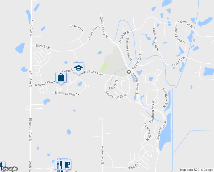 map of restaurants, bars, coffee shops, grocery stores, and more near 4818 Education Drive North in Hugo